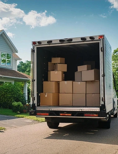 Movers carrying box upstairs