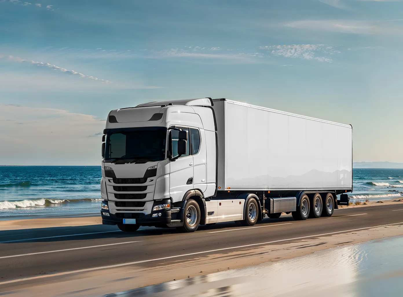 Warezone moving truck traveling on coastal road