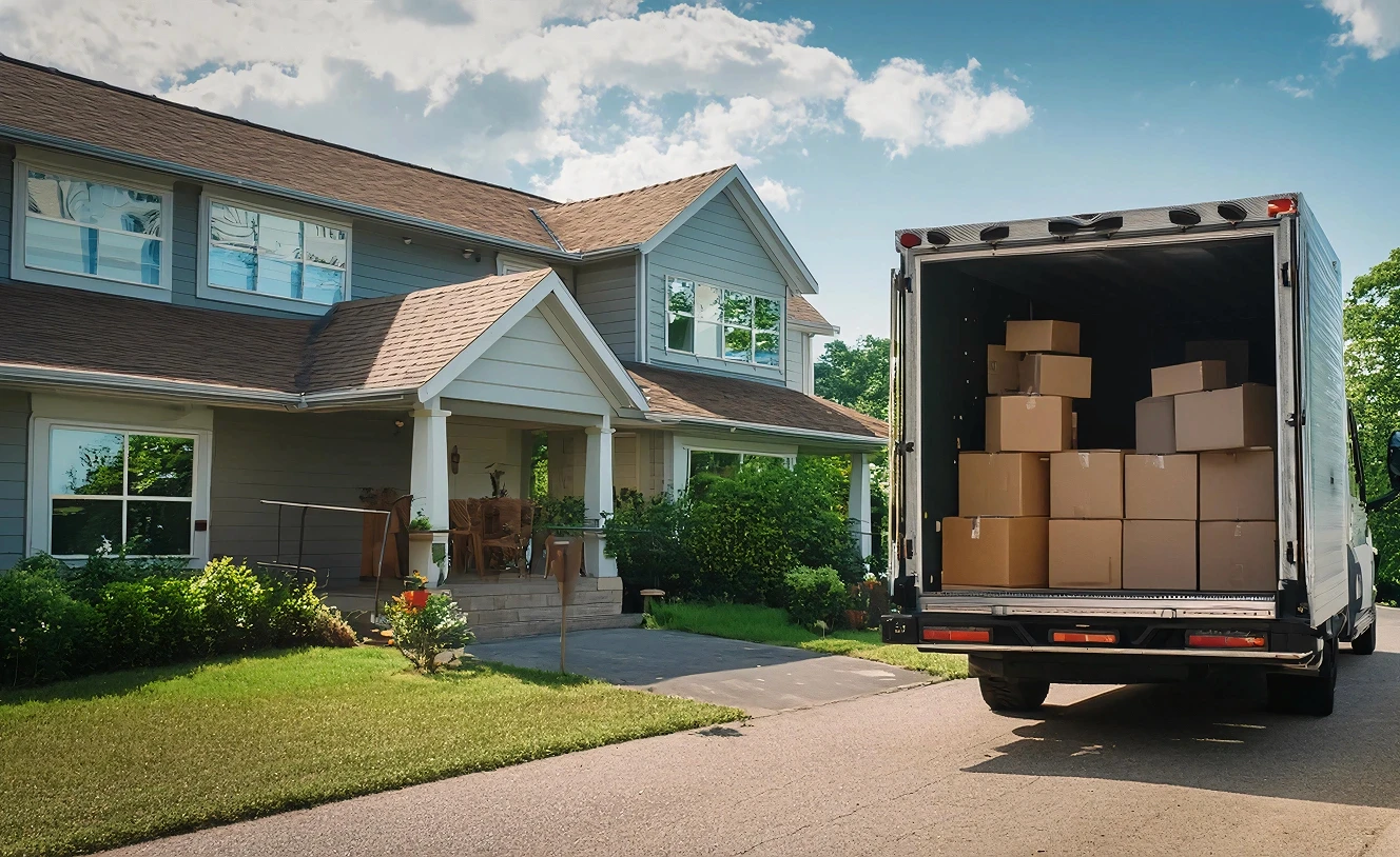 House with moving truck and boxes